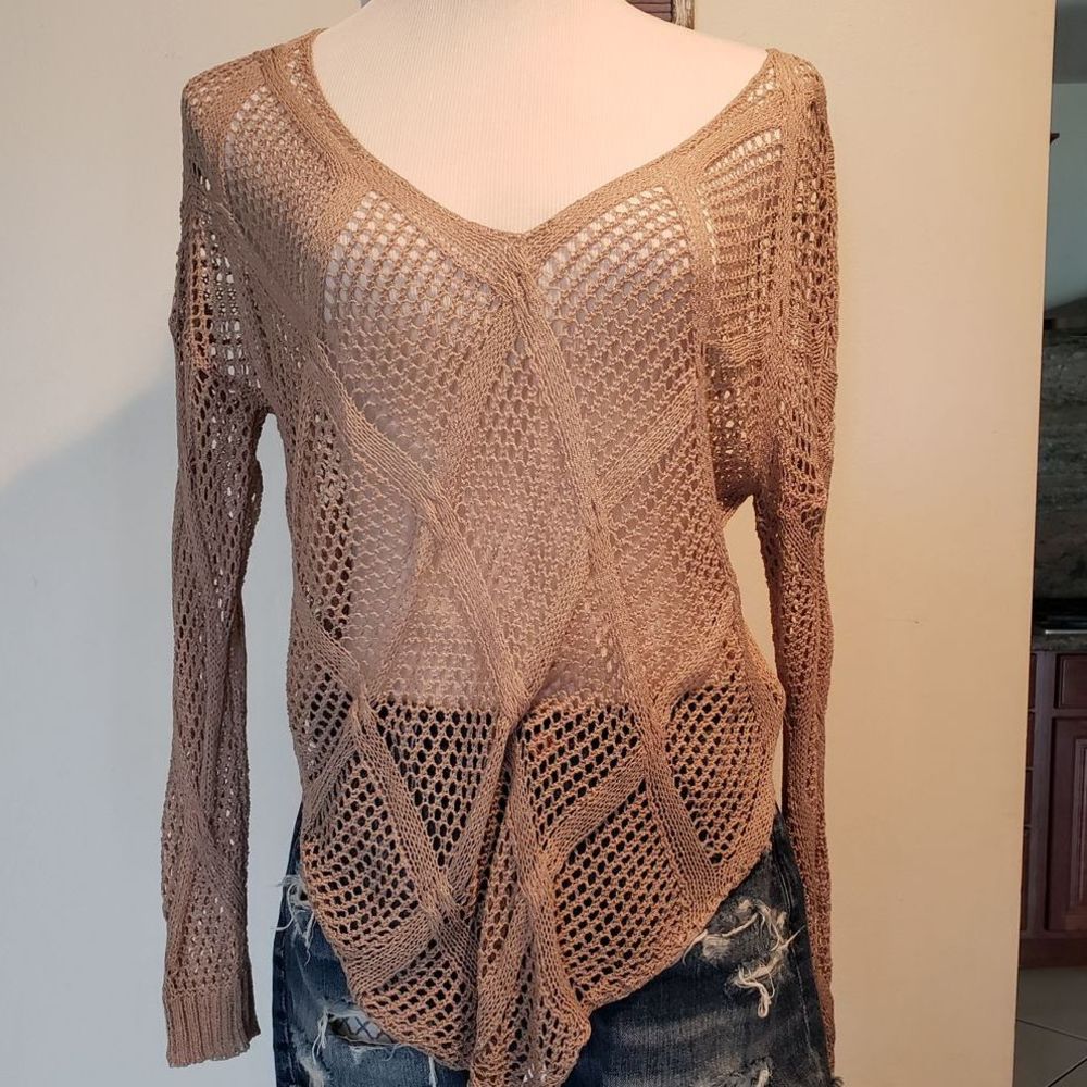 Cozy Casual-Gray Crochet Long Sleeve V-Neck-S/M